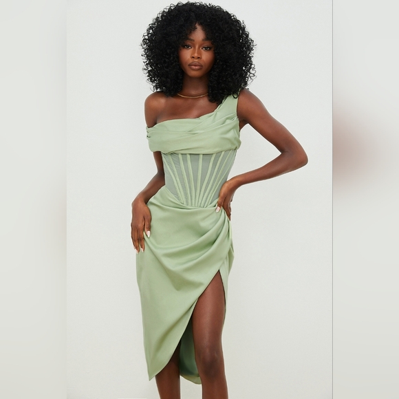 16. NWT HOUSE OF CB LULU PISTACHIO ASYMMETRIC DRAPE MIDI CORSET DRESS - Picture 3 of 13